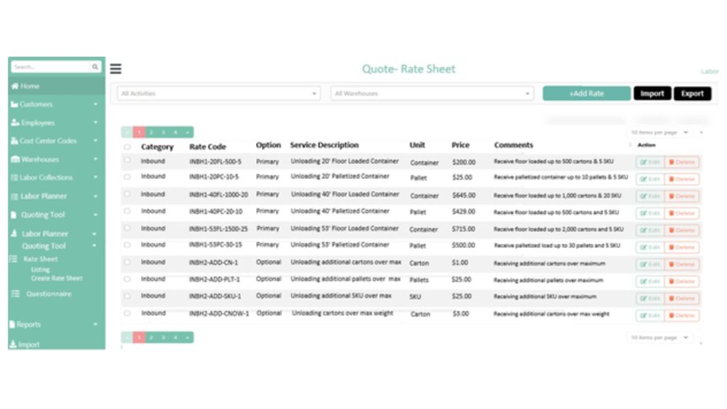 Quote Rate Sheet
